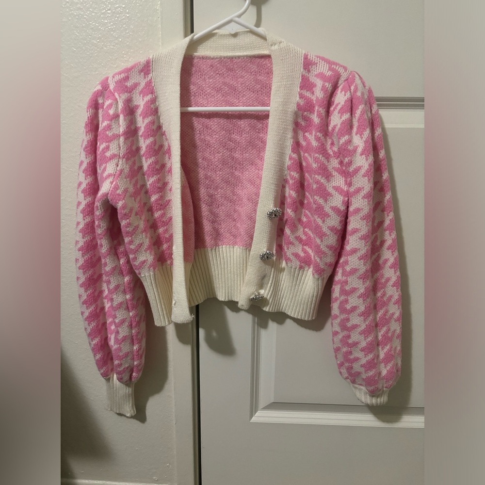Pink Houndstooth Cardigan.